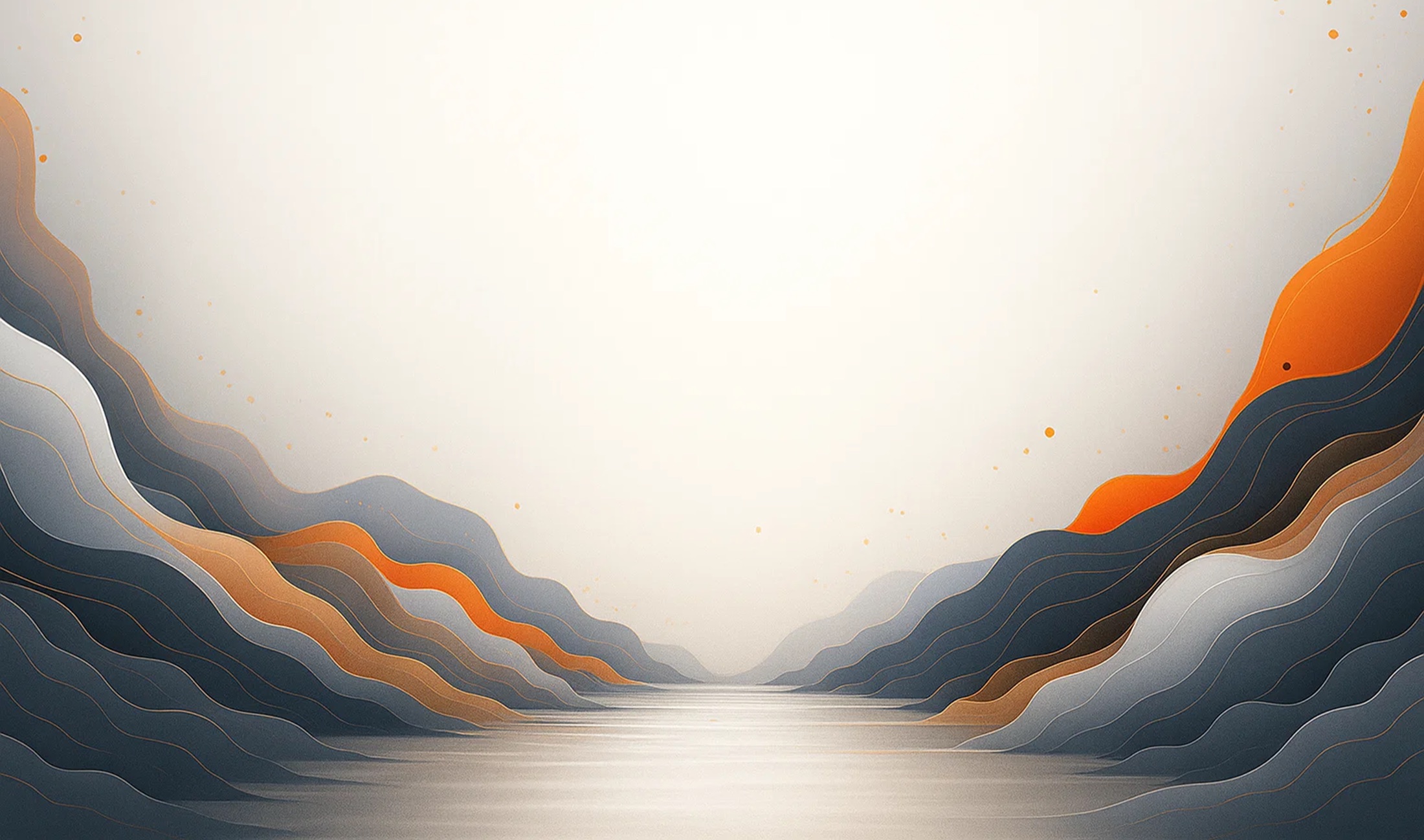 Layered mountain valley illustration in warm and slate tones